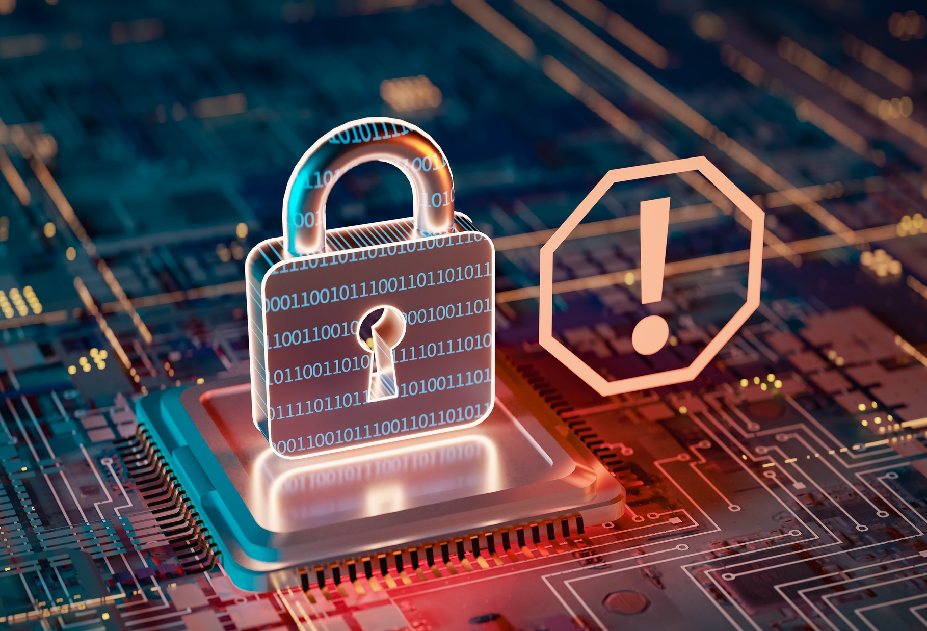 A hologram of a digital lock and a digital stop sign above a circuit board
